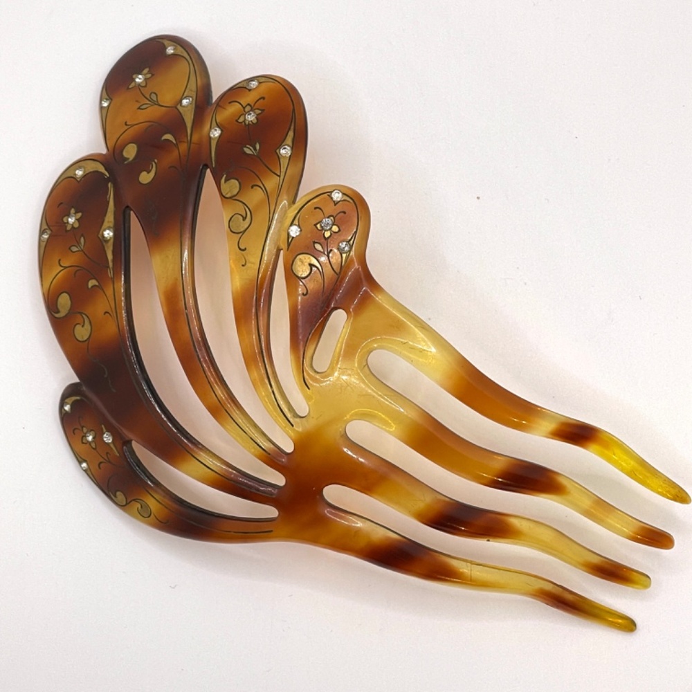 Vintage Hair Comb Tortoiseshell Lucite Decorated Large